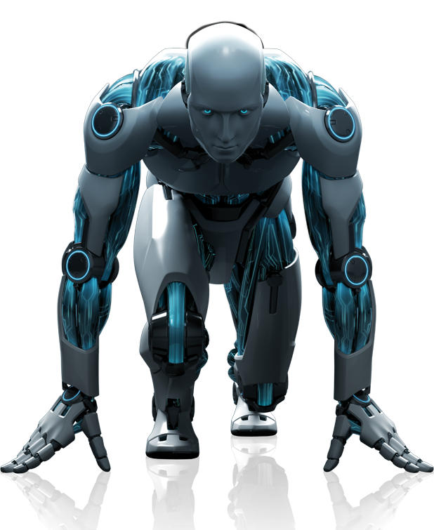 A futuristic humanoid robot ready to move forward